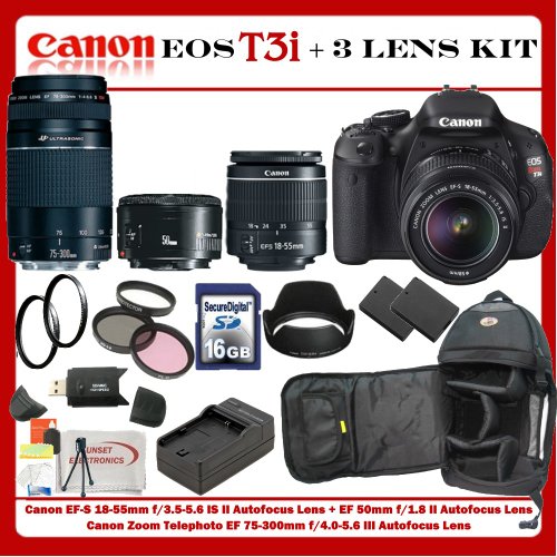 Canon EOS T3i DSLR Camera with 3 Canon Lens Pro Pack: Includes - Canon EF-S 18-55mm f/3.5-5.6 IS Lens - Canon Zoom Telephoto EF 75-300mm III - Canon EF 50mm f1.8 II Autofocus Lens, Also Includes Deleuxe Backpack, 2 Extra Batteries & Travel Charger, 16GB SDHC Card & Card Reader, 3 Piece Pro Filter Kit with 2 Extra UV Filters and much more...