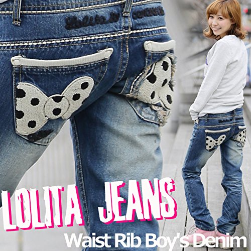 LOLITA JEANS レディース ロリータ ジーンズ ウエストリブ ボーイズデニム ワッペン 刺繍 大きいサイズ ゆったり ストレート リボン