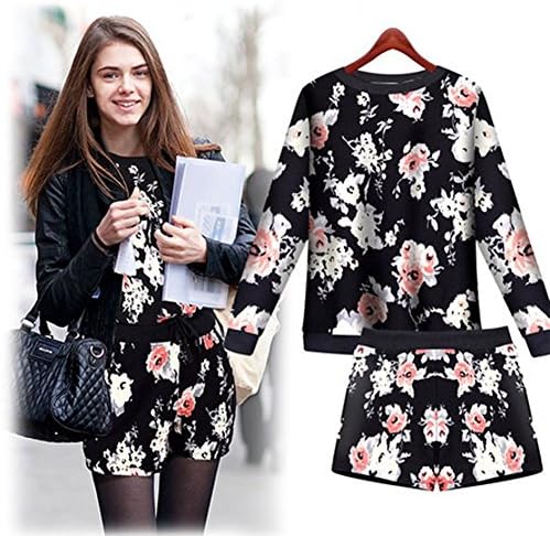 YZ85 2015 new printing loose women sweater + shorts suit (BLACK, M)