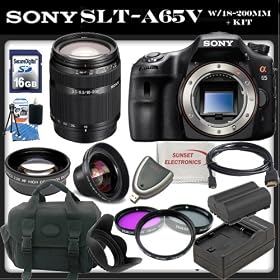 Sony a (alpha) SLT-A65 (A65v) - Digital camera - SLR - 24.3 Mpix - Sony SAL-18200 18-200mm f/3.5-6.3 DT Aspherical Autofocus Lens - SSE Package: 0.45x Wide Angle Lens, 2x Telephoto Lens, 3 Piece Filter Kit (UV,CPL,FLD) 16GB SDHC Memory Card, Replacement FM500H Battery, Rapid Travel Charger, Carrying