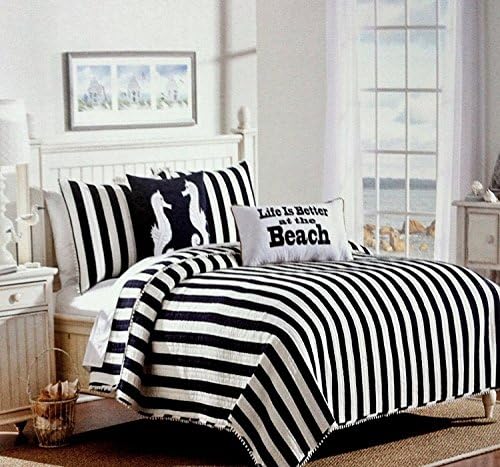 Nautical Navy Blue &amp; White Cabana Stripe 3pc Full/Queen Size Quilt Set