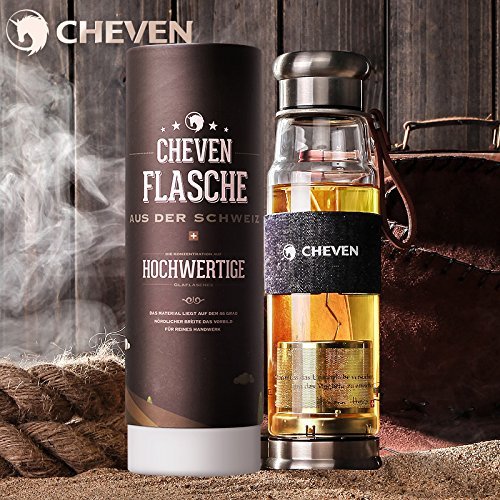 CHEVEN Tea Infuser Tumbler & Glass Water Bottle 20oz /Ultra-Clear Borosilicate Glass with Spill-proof stainless Lid /Denim Insulated Thermo Sleeve and Artificial Leather Strap ...
