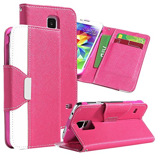 myLife Deep Bubble Gum Pink and White - Classic Design - Koskin Faux Leather (Card, Cash and ID Holder + Magnetic Detachable Closing + Hand Strap) Slim Wallet for NEW Galaxy S5 (5G) Smartphone by Samsung (External Rugged Synthetic Leather With Magnetic Clip + Internal Secure Snap In Hard Rubberized Bumper Holder)