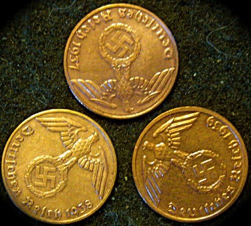 3 Ct. Bronze German Third Reich Reichspfennig Coin Collection - 1939F, 1938F & 1937F (Stuttgart Mint, Germany)