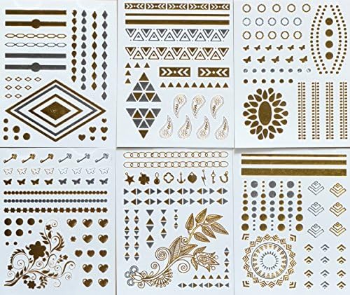 Finger Flash Tattoos Metallic Gold, Silver, Black Temporary Tats Sticker Bling (6-Sheets) T-1.2.4.5.8.12