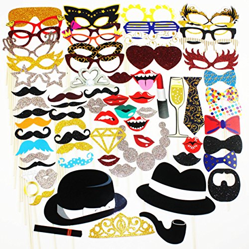 Party Photo Booth Props Diy Kit,Paper Prop On A Wood Stick for Taking Funny Photos On Birthday,Wedding,Reunions,Dress-up Costume Accessories with Mustache,Hats,Glasses,Lips,Bowties,72 Pcs