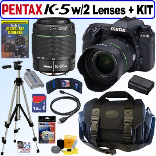 Pentax K-5 16.3 MP Digital SLR Camera with DA 18-55mm f/3.5-5.6 AL Weather Resistant Zoom Lens and DA 50-200mm f/4-5.6 ED Weather Resistant Zoom Lens + 16GB Deluxe Accessory Kit