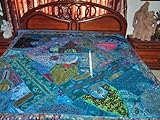 Blue Zardozi Embroidered Beads Sari Indian Bedspread Coverlet Throw Wall Ha ....