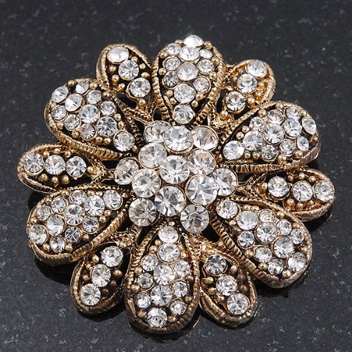 Vintage Swarovski Crystal Floral Brooch (Antique Gold)