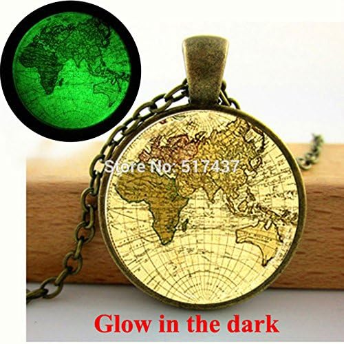 Pretty Lee Glow In The Dark Necklace Glass Globe Necklace Beige Mauve Green Old World Map Necklace Glass Cabochon Necklace Glowing Jewelry