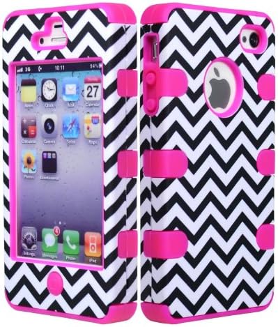 JUSTING@Black &amp; White Chevron Pattern Hybrid Hard Shell Case for Iphone 4/4S with Free Screen Protector+Stylus Pen (hot pink)