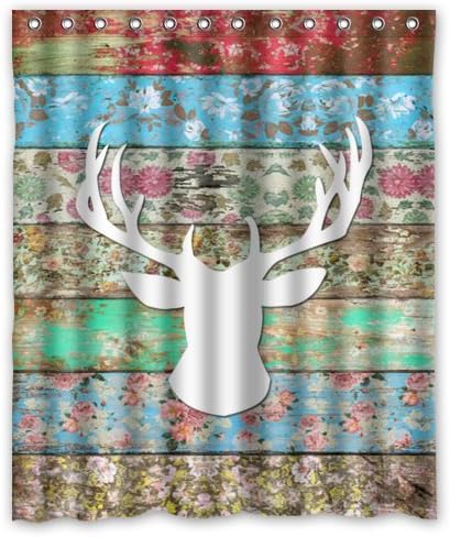 Retro Floral Stripe Wood And Deer head Pattern Polyester Fabric Waterproof Shower Curtains 60" x 72"bathroom accessories