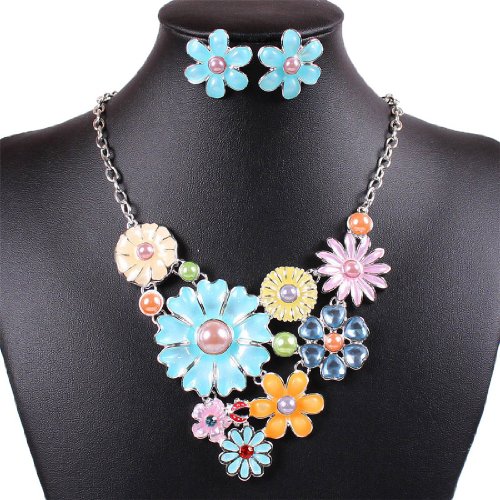 Colorful Flower Cluster Festoon Y-Necklace Bib Statement Necklace Earring Set