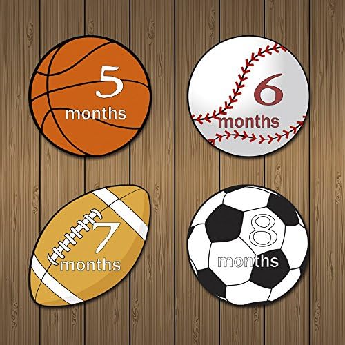 MyLilSprouts Sports Monthly Baby Boy Newborn MileStone Round Easy Peel Stickers 1 - 12 Months Set - Baby Shower Gift - Baseball Football Soccer Basketball (Style 6)