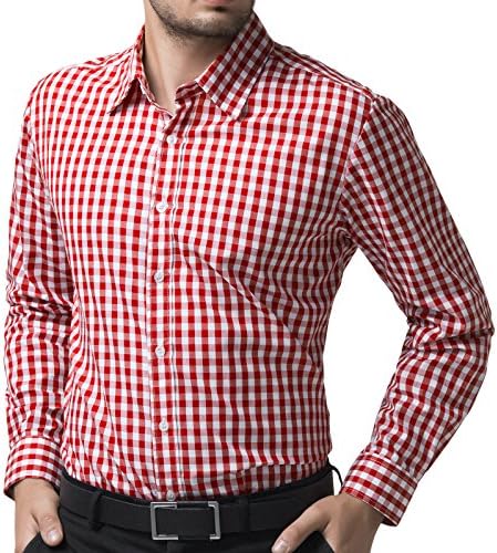 PAUL JONES Mens Red Plaid Cotton Casual Fashion Dress Shirts (S)