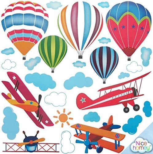 Nicehomey® Airplanes,Fire Balloons Wall Decals for Boys and Girls Bedroom,Kids Rooms, Baby Nursery, Removable PVC Wall Stickers - Beauty Blue Sky/ White Clouds for Decoration - Best Gift Ideas for Children Hot Air Balloons