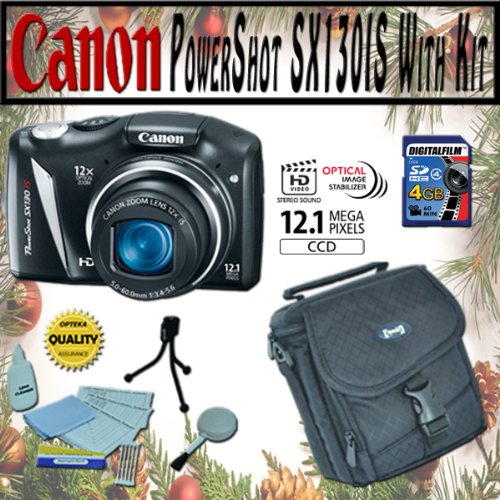 Canon PowerShot SX130 IS 12.1 MP 12x Wide-Angle Optical Zoom Compact Digital Camera Starter kit with 4GB SD High Capacity Memory Card, Deluxe Camera Bag and more