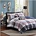 Contemporary Plaid Comforter Set Full/Queen Bed Striped Bedding with Sham and Pillows, Blue Taupe and Red Striped, Machine Washable Bedding
