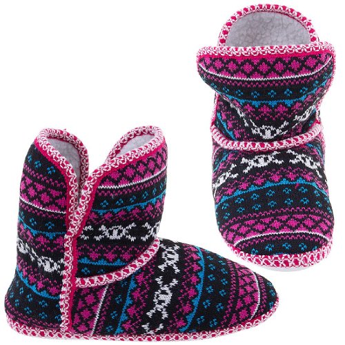 Chatties Fuchsia Skull Fair-Isle Bootie Slippers for Women