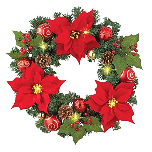 Lighted Christmas Poinsettia Evergreen Wreath