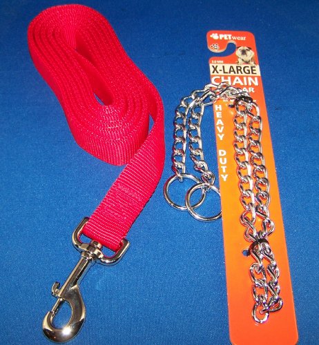 Pet Wear Dog Chain Choke Collar & 6ft. Nylon Heavy-Duty Leash Set RED