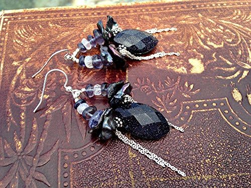 Dark Angel Earrings. Long Bohemian Earrings. Boho, Rustic, Organic, Bridal, Blue Sandstone, Iolite, Rainbow Moonstone, Pearls, Bali Sterling Silver