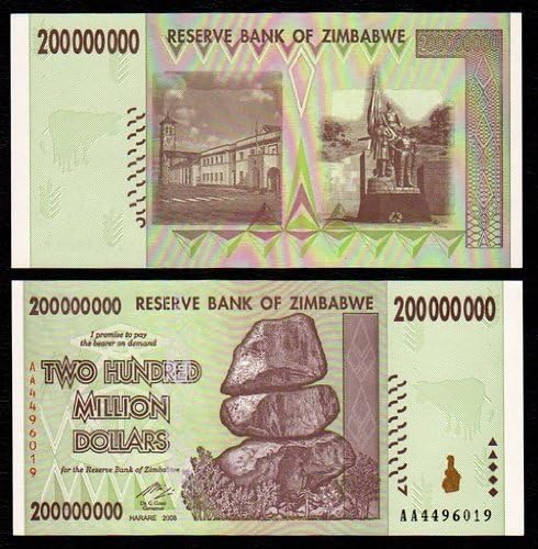 200 000 000 Millions Zimbabwe Hyperinflation Dollars / Pre 100 Trillion
