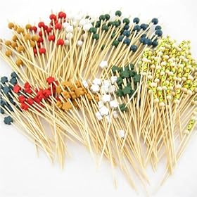 300 pc Assorted Bamboo Picks, 100 each of the following end decorations, ball, flower, Yellow Cord