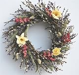 Dried PUSSY WILLOW with FLOWERS Wreath 18 Daffodil, Larkspur