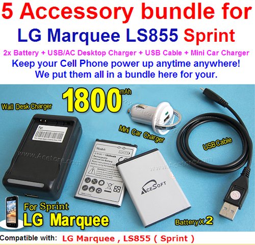 Accessory 2X 1800mAh AceSoft Marquee LS855 Battery w Travel Home Wall Charger Mini Car Charger SNYC USB Cable 4 Sprint/Boost Mobile LG Marquee LS855 LS 855 Android 2.3 Phone