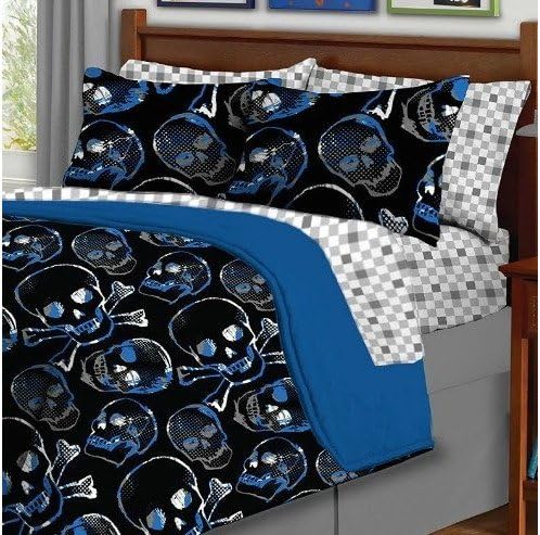 Skull &amp; Crossbones, Boys, Blue &amp; Black, Gothic Queen Comforter Set (8 Piece Bed In A Bag) + BONUS HOMEMADE WAX MELT