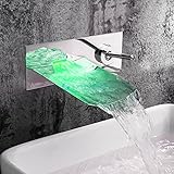 バスルーム・キッチン用混合水栓 洗面用蛇口 クロームメッキ シルバー色 壁付 滝型 LEDライト (シングルレバー) MPAZ001