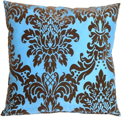 Pillow Decor - Flocked Velvet Damask Brown and Turquoise Decorative Throw Pillow
