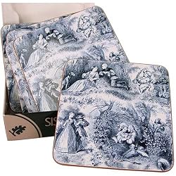 Blue Toile French design boxed set of 6 hardboard and cork coasters