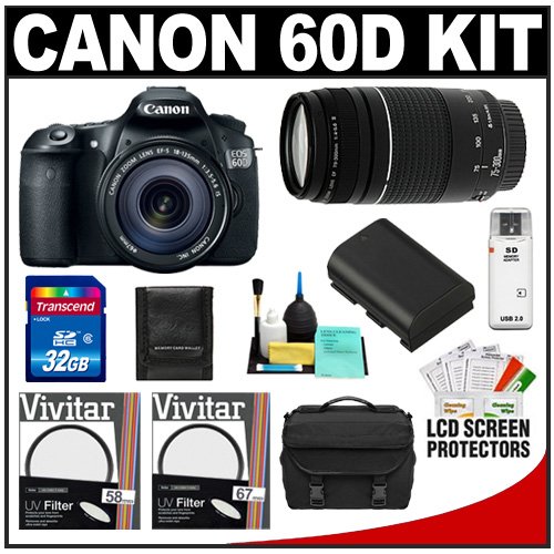 Canon EOS 60D Digital SLR Camera Body with EF-S 18-135mm IS Lens & 75-300mm III Lens + 32GB Card + Battery + Case + Accessory Kit