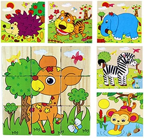 Syeer Kids Puzzle Wooden Toy Cartoon 3D Puzzle Blocks 6 Side Painted Dimensional Educational Imagination 3D toys Develop Reading Interest Tool Forest Animals