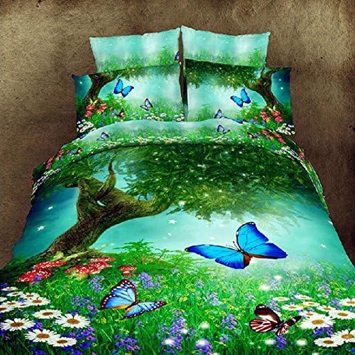 3D Spring Thick Growth of Grass Color Butterfly Bedding Sets, 100% Polyester Bedding Sets, 4PCS with Duvet Cover, Bed Sheet, 2*pillow Case (Comforter Not Included) (Full)
