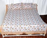 Stylish Home Decor Block Print & Brocade Work Cotton Bed Sheet Bedspread with Pillow Cover BST00510
