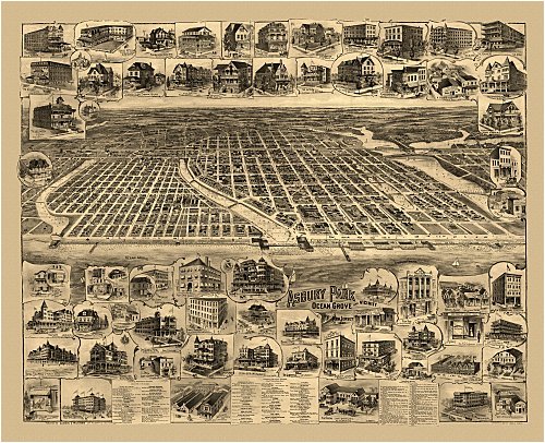 Historic Maps - Asbury Park Bird's Eye View Map 1897 New Jersey - Monmouth County - Asbury Park, Ocean Grove and vicinity, New Jersey 1897. 36x54