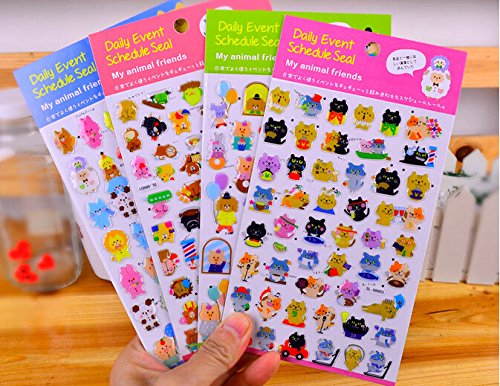 ONOR-Tech 4 Sheets Cute Lovely 3D DIY Decorative Adhesive Sticker Tape / Kids Craft Scrapbooking Sticker Set for Diary, Album (Cartoon Animal)