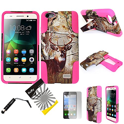For Huawei Raven LTE H892L ITUFFY 3items: Screen Film+Stylus Pen+Dual Layer Impact Resistance Plastic Cover Soft Rubber KickStand Hybrid Case (Tree Deer Camouflage Hot Pink)