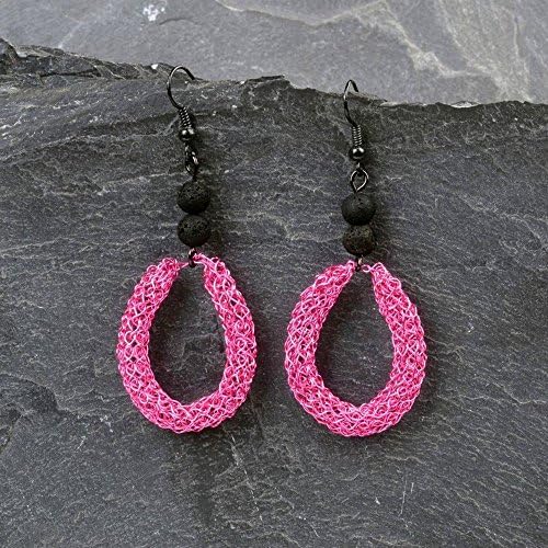 Hot pink teardrop earrings with black lava beads