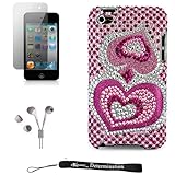 IMAGE OF Pink Hearts Luxury Design Premium Crystal Shiny Rhinestone Carrying Cover Protective Case for New Apple iPod Touch 4 ( 4th Generation 8GB, 16GB, 32GB ) + Includes a Anti Glare Screen Protector + Includes White Crystal Clear High Quality HD Noise Filter Earbuds.