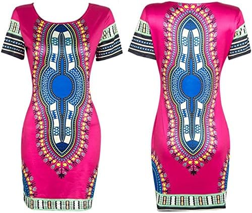 Gagnell Traditional African Print Dashiki Bodycon Short Sleeve Dress Hot PinkSmall