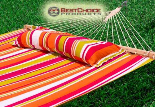 New Stylish Quilted Hammock W/ Button Pillow Wood Spreader Bar Hammock
