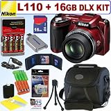 Nikon Coolpix L110 12.1MP Digital Camera (Red) + 16GB Deluxe Accessory Kit