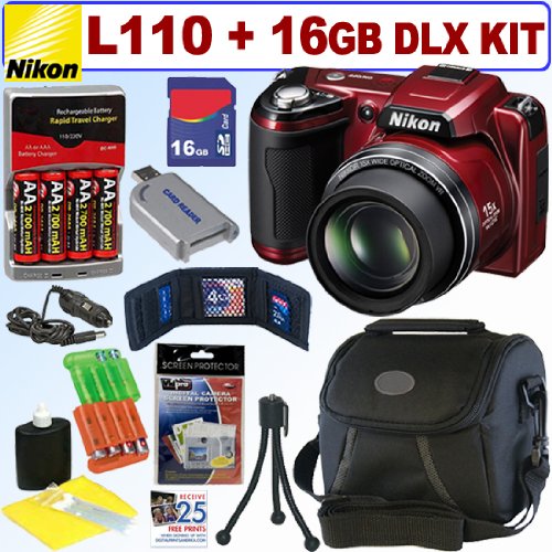 Nikon Coolpix L110 12.1MP Digital Camera (Red) + 16GB Deluxe Accessory ...
