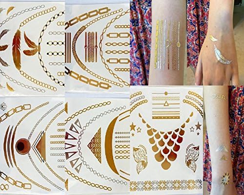 Metallic Gold Silver Black Jewelry Flash Inspired Temporary Fashion Tattoos Bling Sticker Accessories - 5 Sheet Package - Venice