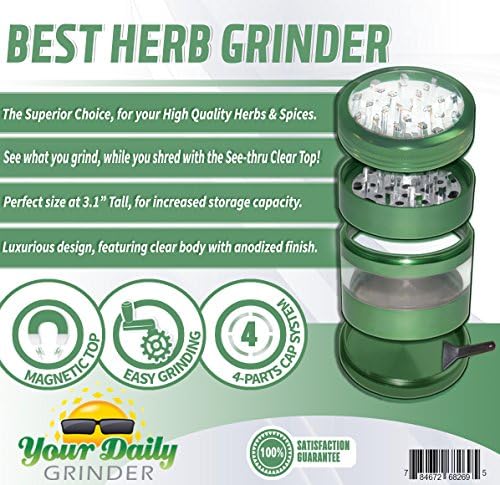 Your Daily Grinders #1 Best Large Spice Tobacco Herb Coffee Grinder - Four Piece with Pollen Catcher- 3.25 Inches Tall Huge Clear Chamber for Product storage Free Scrapper and Box-Premium Aerospace Aluminum