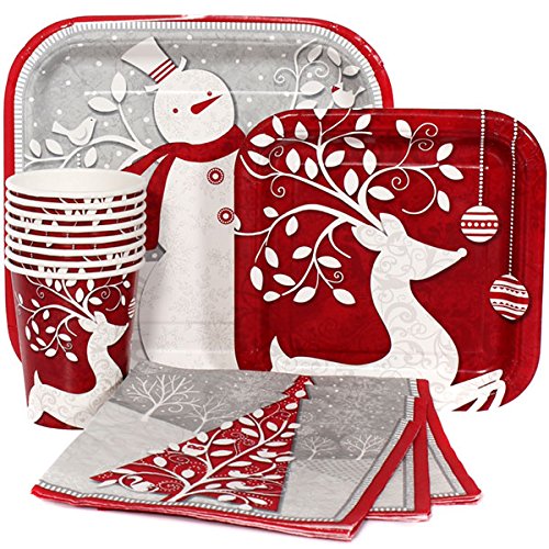 121 Piece Frosted Holiday Christmas/New Year Paper Plates, Napkins, Cups, Tablecloth, Cutlery